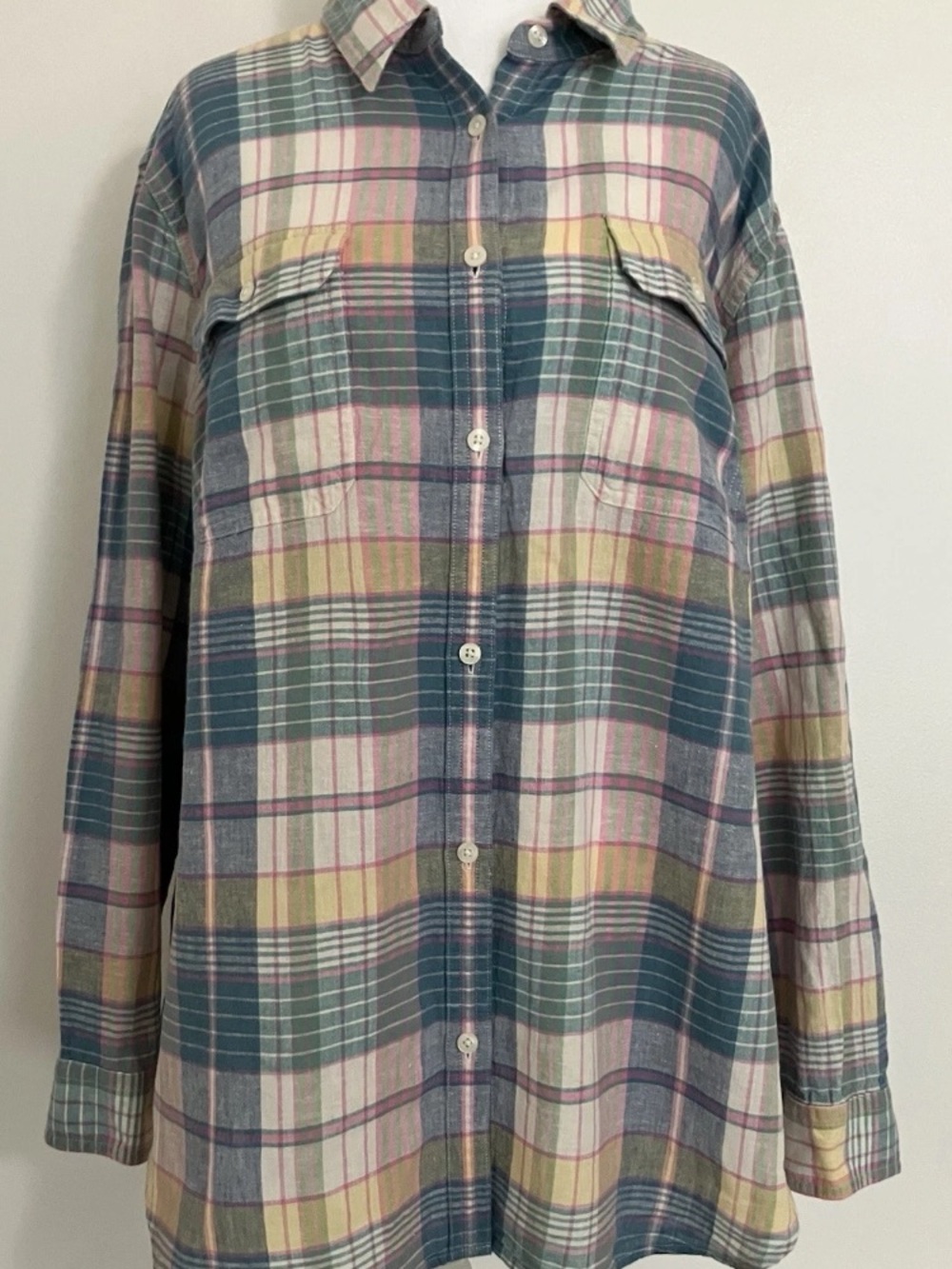 Chaps Plaid Button-Down Shirt in Teal, Cream, Yellow and Pink
